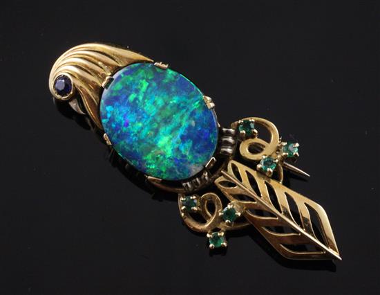 A stylish 1970s? 18ct gold, opal doublet and gem set brooch, modelled as a bird, 2in.